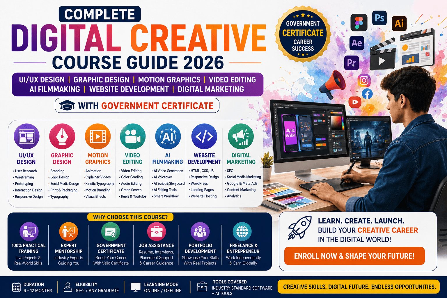 Complete Digital Creative Course Guide 2026 | UI/UX, Graphic Design, Motion Graphics, Video Editing, AI Filmmaking, Website Development & Digital Marketing with Government Certificate