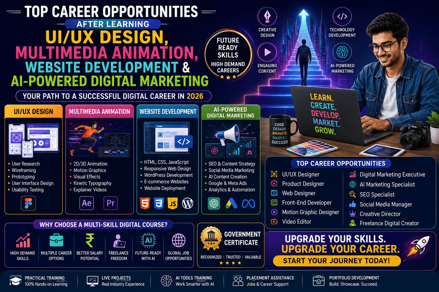 Top Career Opportunities After Learning UI/UX Design, Multimedia Animation, Website Development & AI-Powered Digital Marketing (2026 Guide)