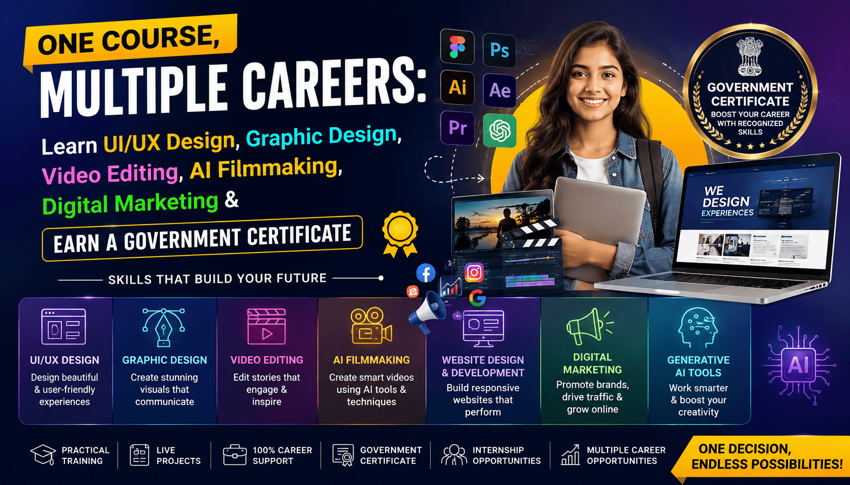 One Course, Multiple Careers: Learn UI/UX Design, Graphic Design, Video Editing, AI Filmmaking & Digital Marketing with a Government Certificate (2026 Guide)